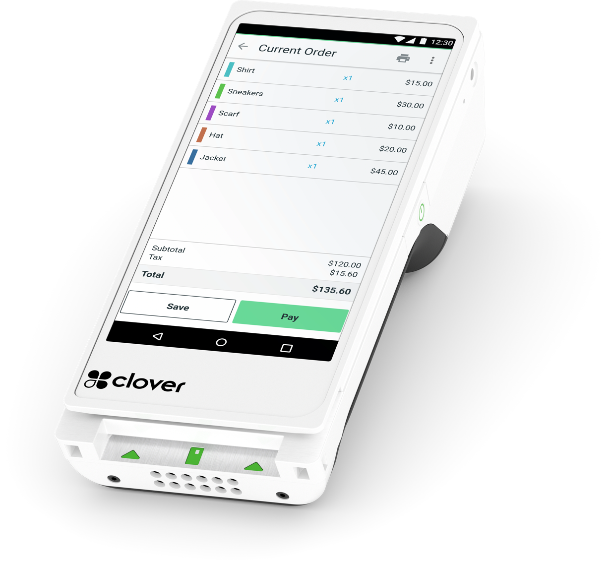 A Clover Flex handheld showing a five-item order with a $135.60 total.