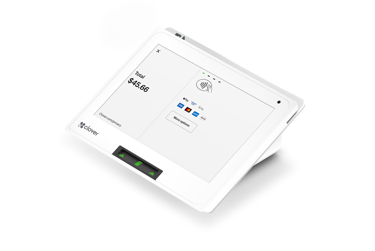 A Clover Mini showing a $45.66 total ready for a tap or dip payment.