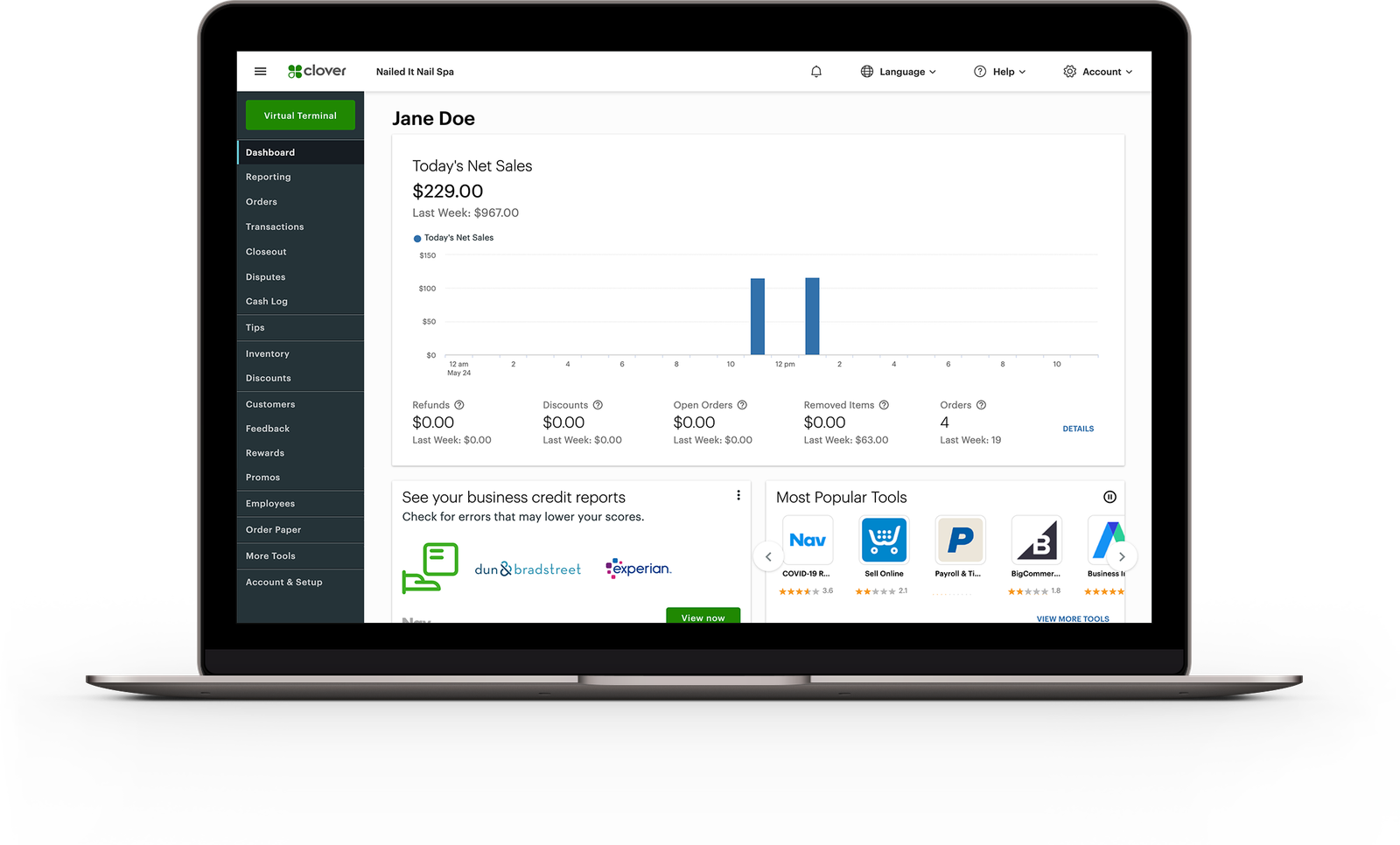The Clover web dashboard on a laptop, showing today's net sales and the tools menu.