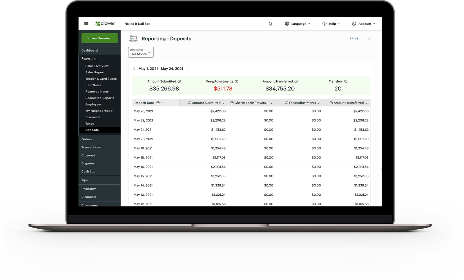 The Clover dashboard's Deposits page on a laptop.