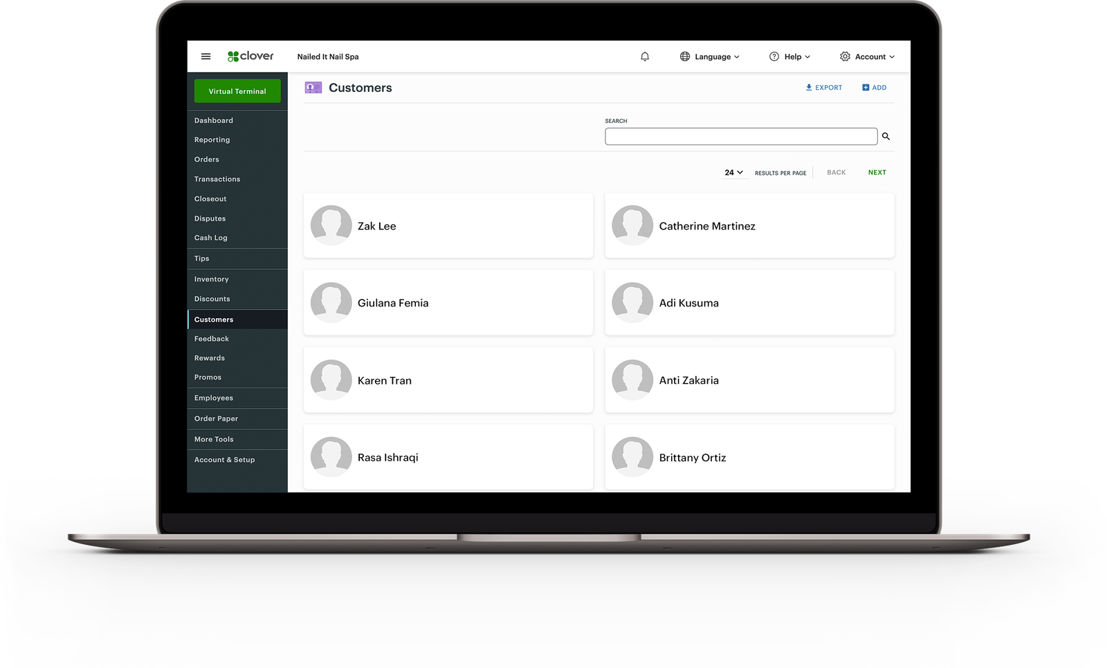 The Clover dashboard's Customers page on a laptop.