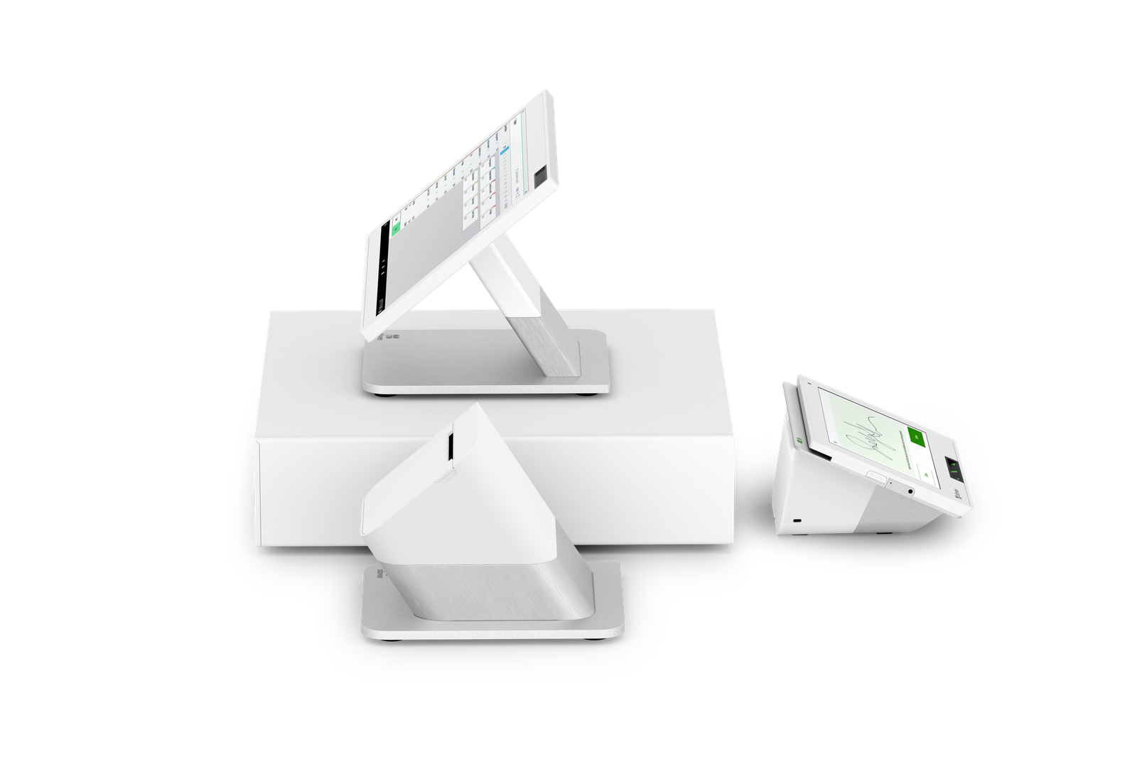 A Clover Station Duo from the side: staff screen, printer, cash drawer and the customer screen showing a signature.