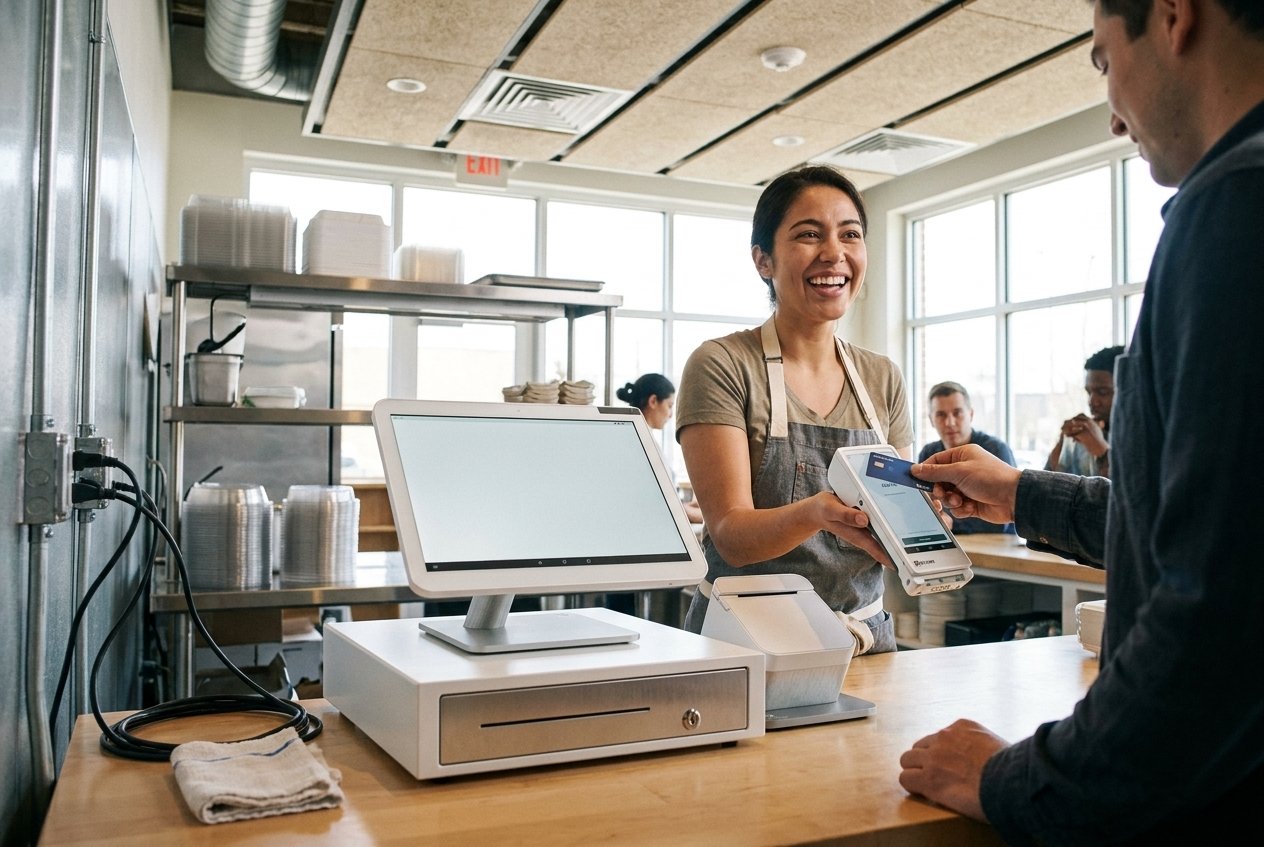 A quick-service restaurant counter with a Clover point-of-sale system.