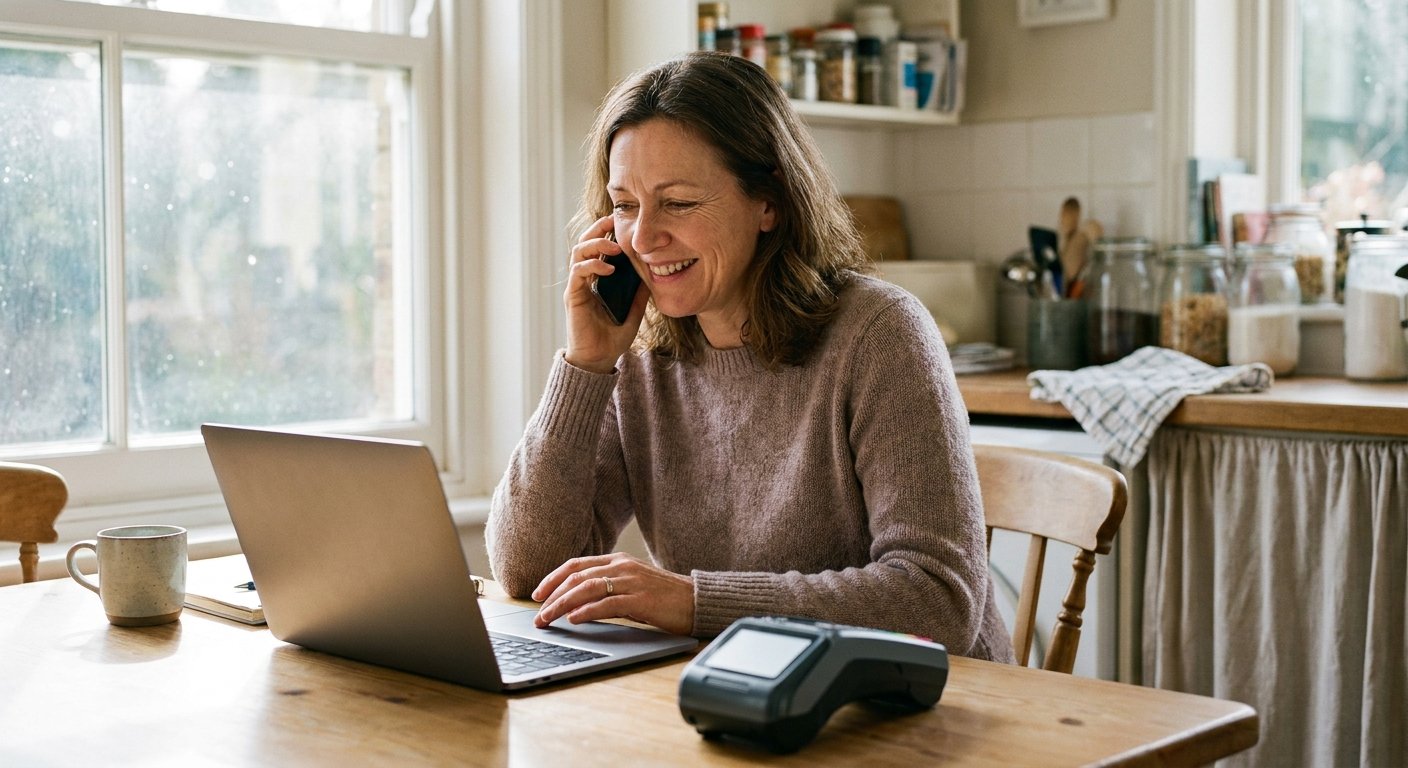 An owner on the phone at her laptop.