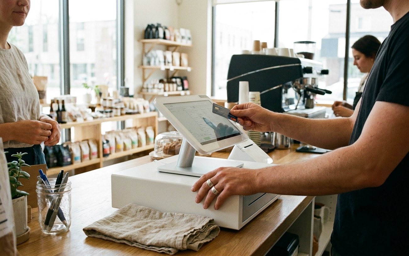 A staff member running a test sale at the counter.
