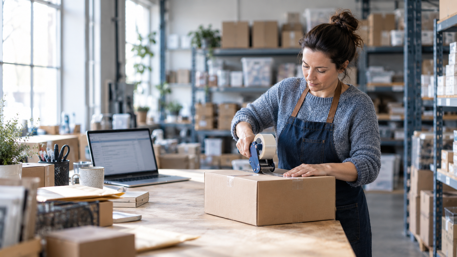 A warehouse packer sealing a shipping box at a bench beside a laptop.
