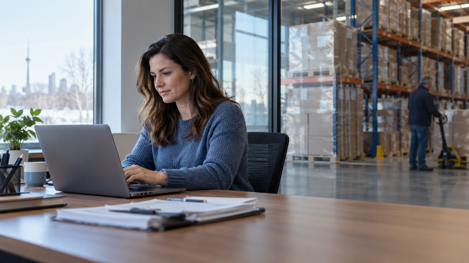 A wholesale brand's office: a woman sending a trade invoice from a laptop, warehouse shelves behind.