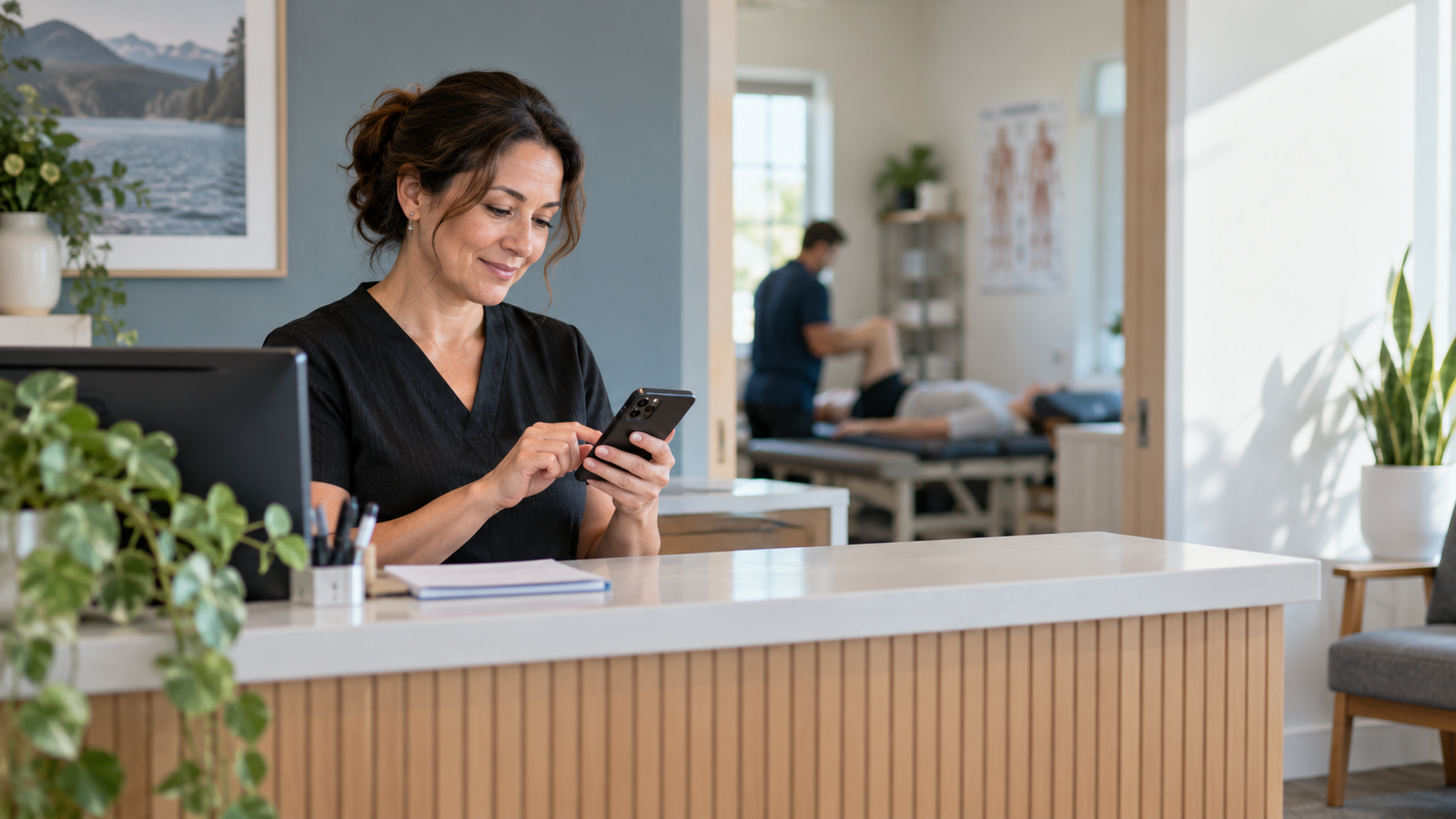 A clinic receptionist sending a payment link from her phone.