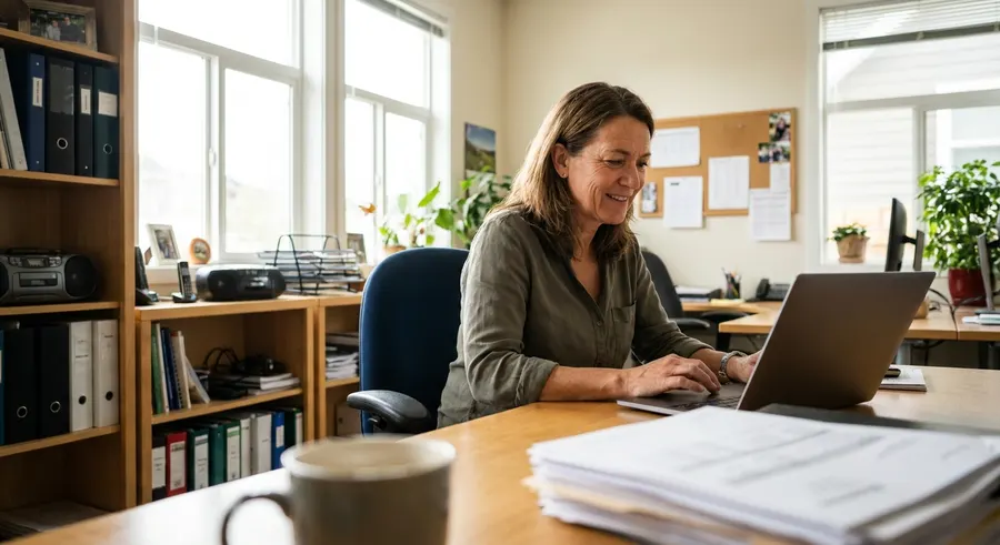 A bookkeeper paying an invoice online from her office.