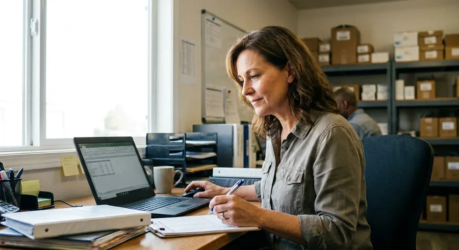 A finance clerk entering invoice details on a laptop in a warehouse office.