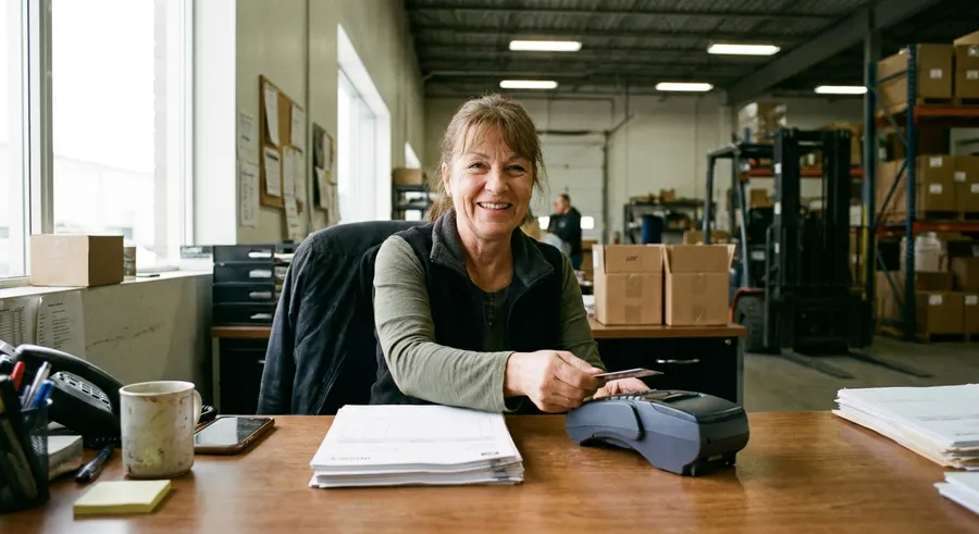 An accounts clerk at a desk in a warehouse office, with invoices beside her.
