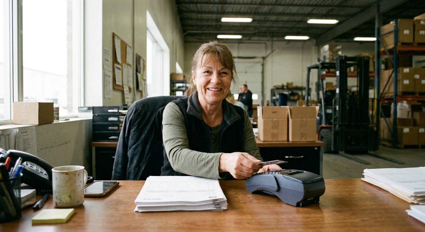 A warehouse office clerk entering a card payment at a countertop terminal.