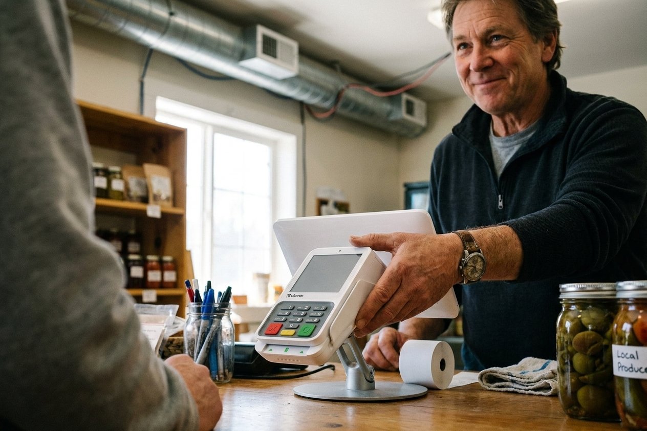 A shopkeeper turning a countertop terminal on its stand toward the customer.