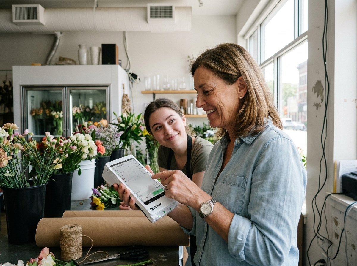 A florist pointing at the screen of a Clover Flex while a new staff member watches.