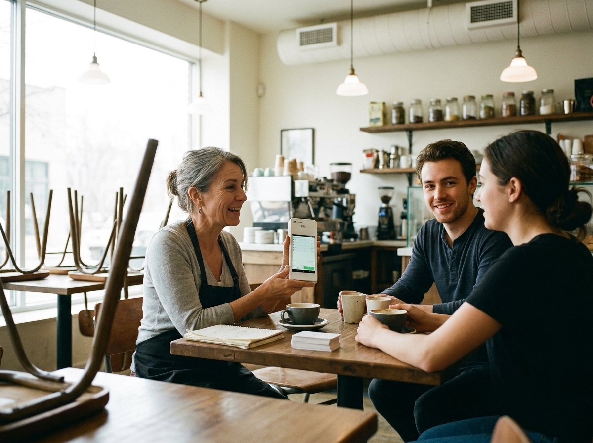 A café owner talking two staff through a Clover Flex at a table before opening.