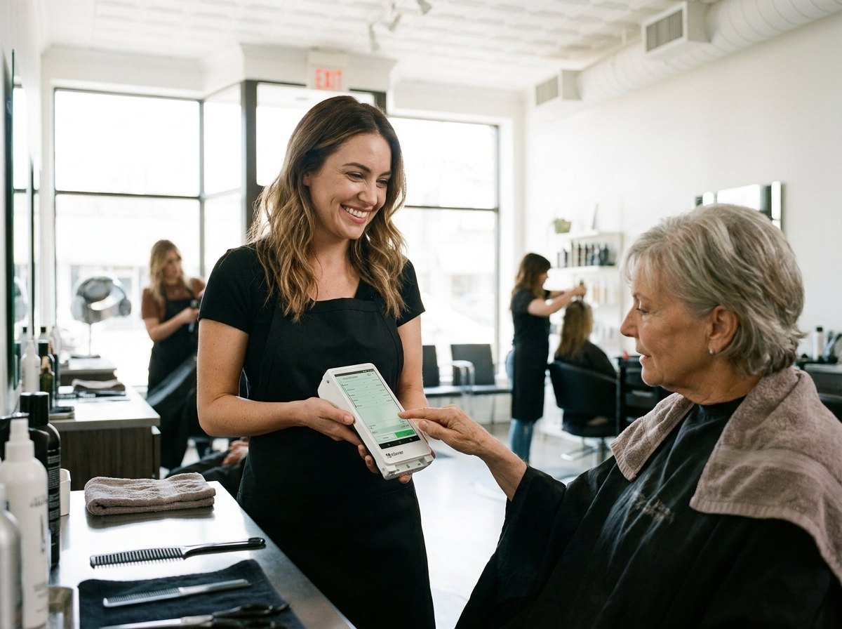 A stylist holding a Clover Flex with the register screen up to a client in the chair.