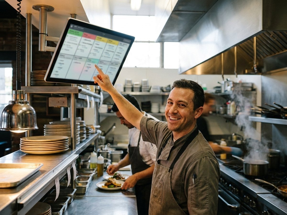 A cook reaching up to tap an order on a Clover Kitchen Display mounted above the pass.