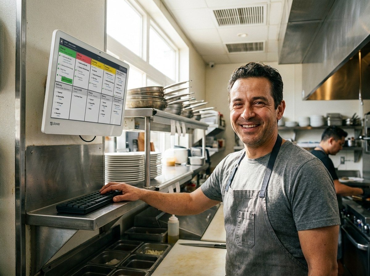 A cook pressing a key on a bump bar below a wall-mounted Clover Kitchen Display.