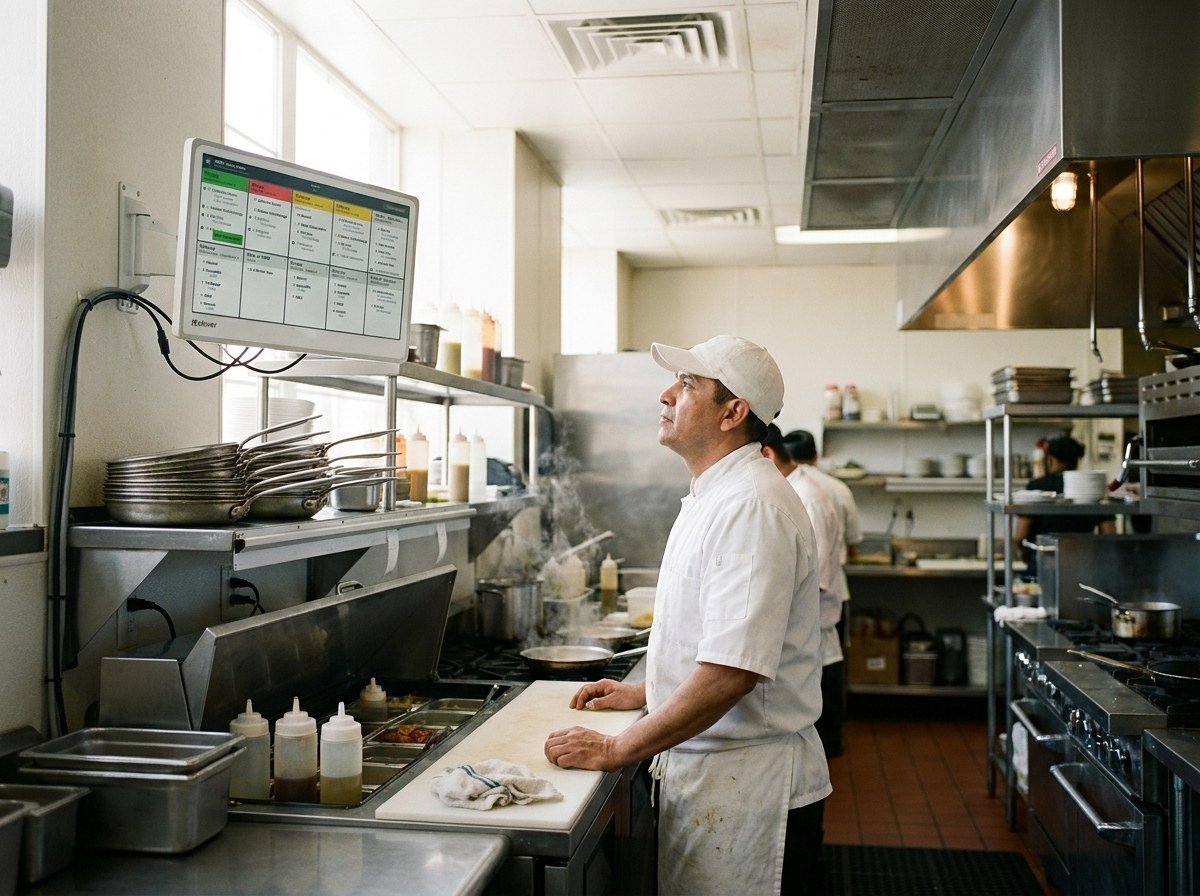 A line cook at the pass glancing up at a wall-mounted Clover Kitchen Display during service.