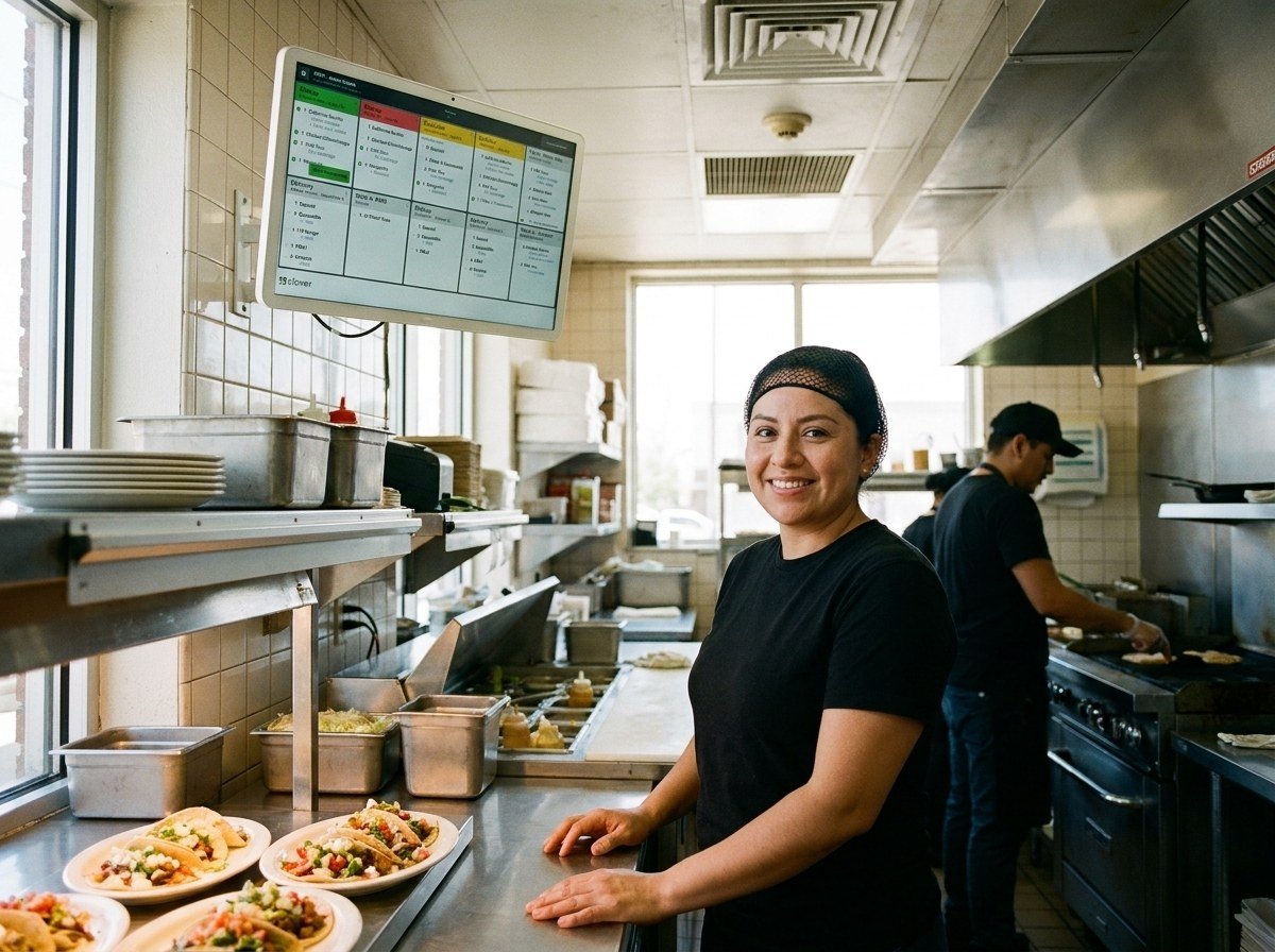 An expo tapping an order card on a Clover Kitchen Display beside plated food under the heat lamp.