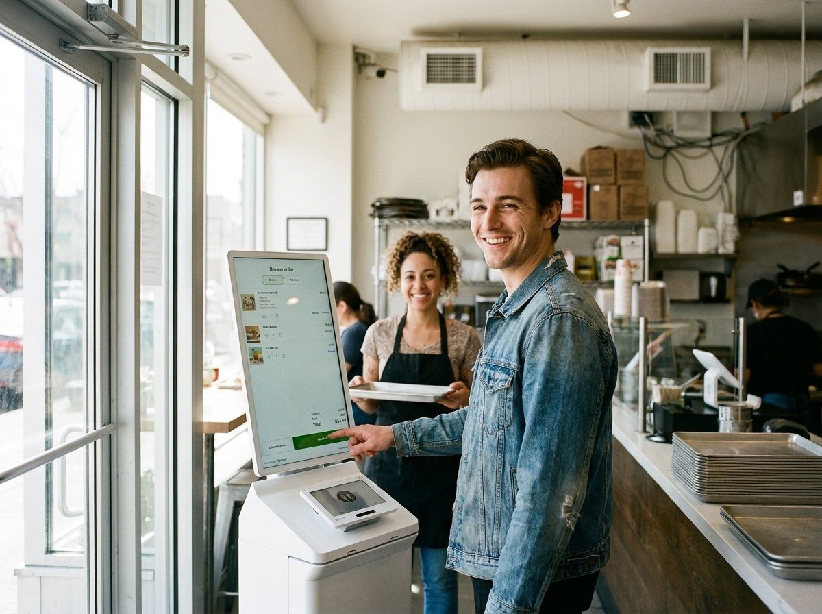 A customer ordering at a floor-standing Clover Kiosk by a restaurant entrance, another waiting behind.