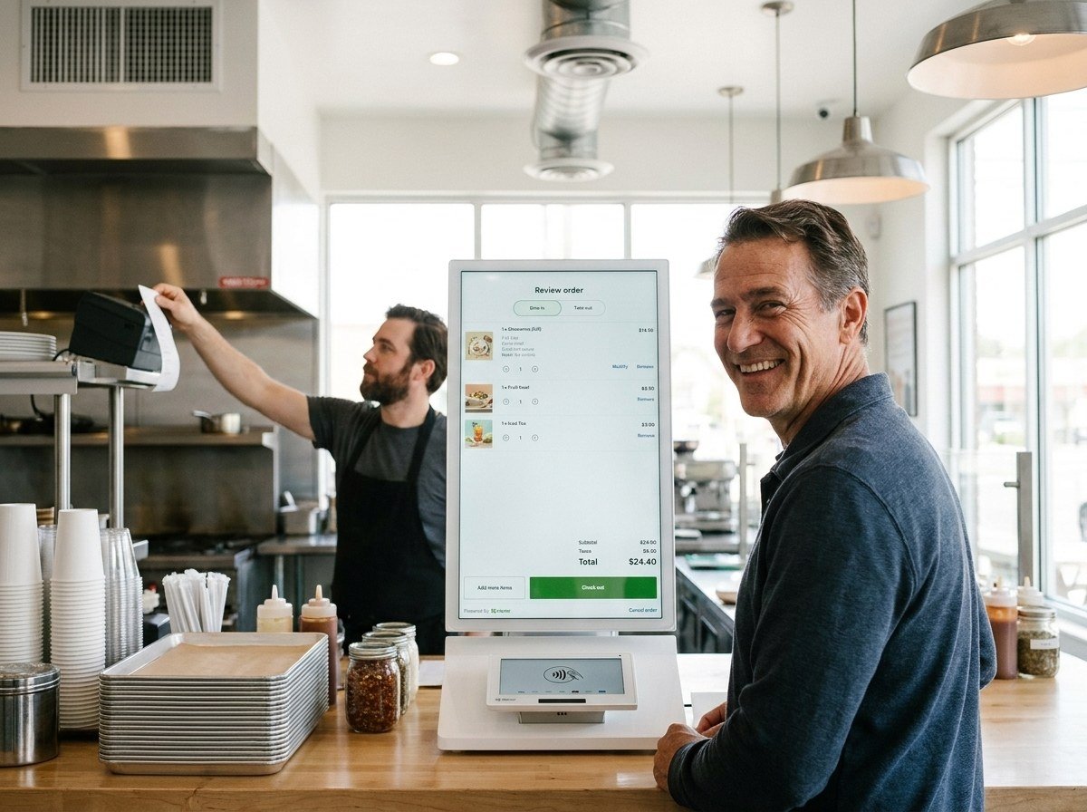 A customer finishing an order at a Clover Kiosk while a cook at the pass takes the printed ticket.