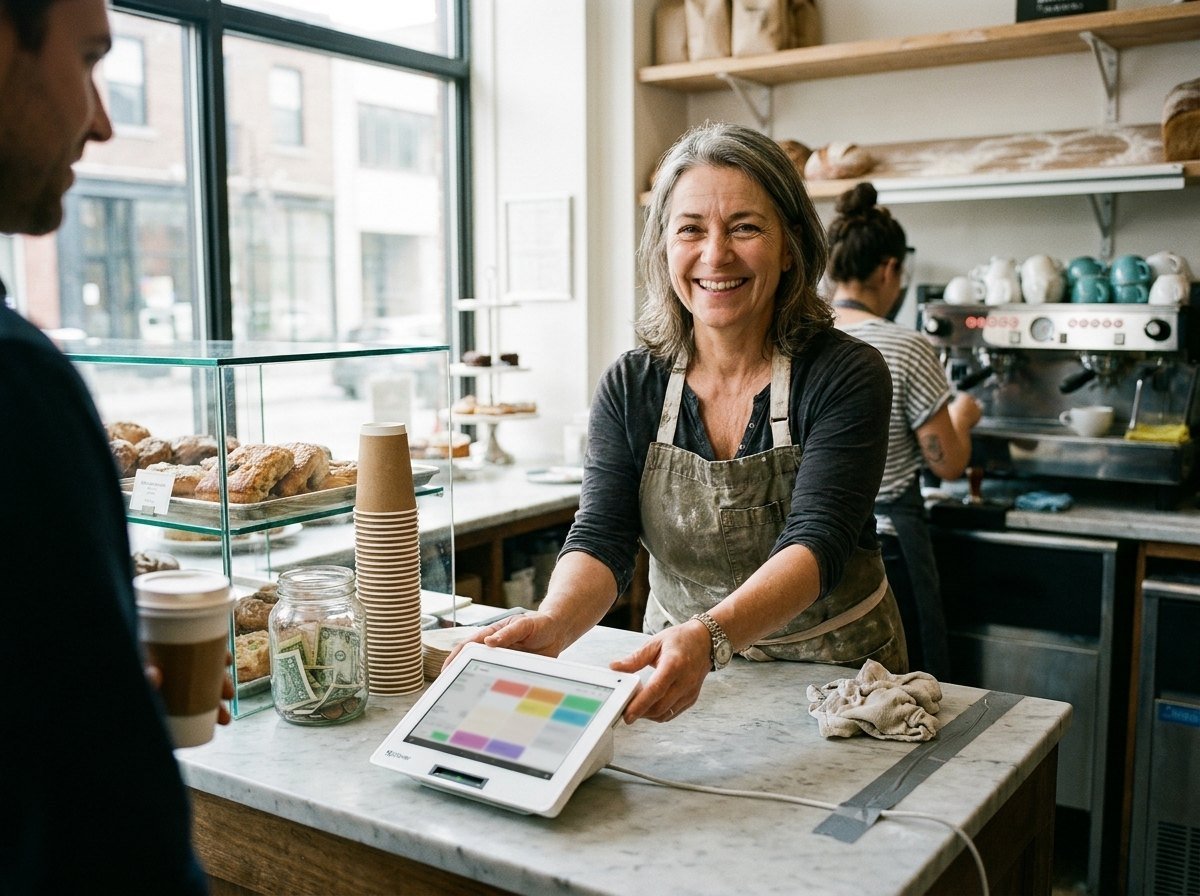 A bakery owner angling a Clover Mini toward a customer on a tight marble counter.