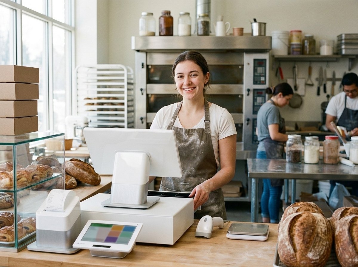 A bakery counter with a Clover Station Duo, its printer, cash drawer, a scanner and a scale in one set.
