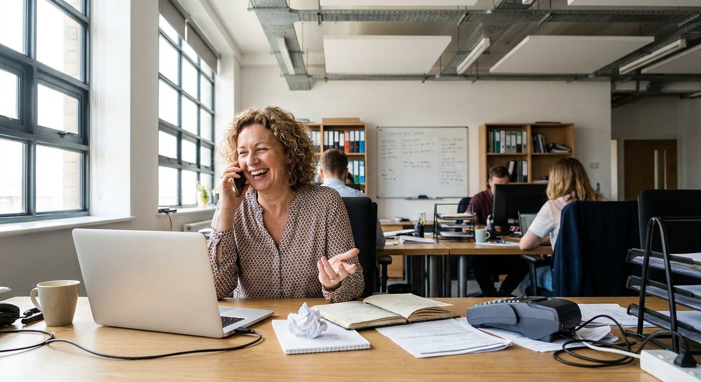 A woman on the phone at her desk.