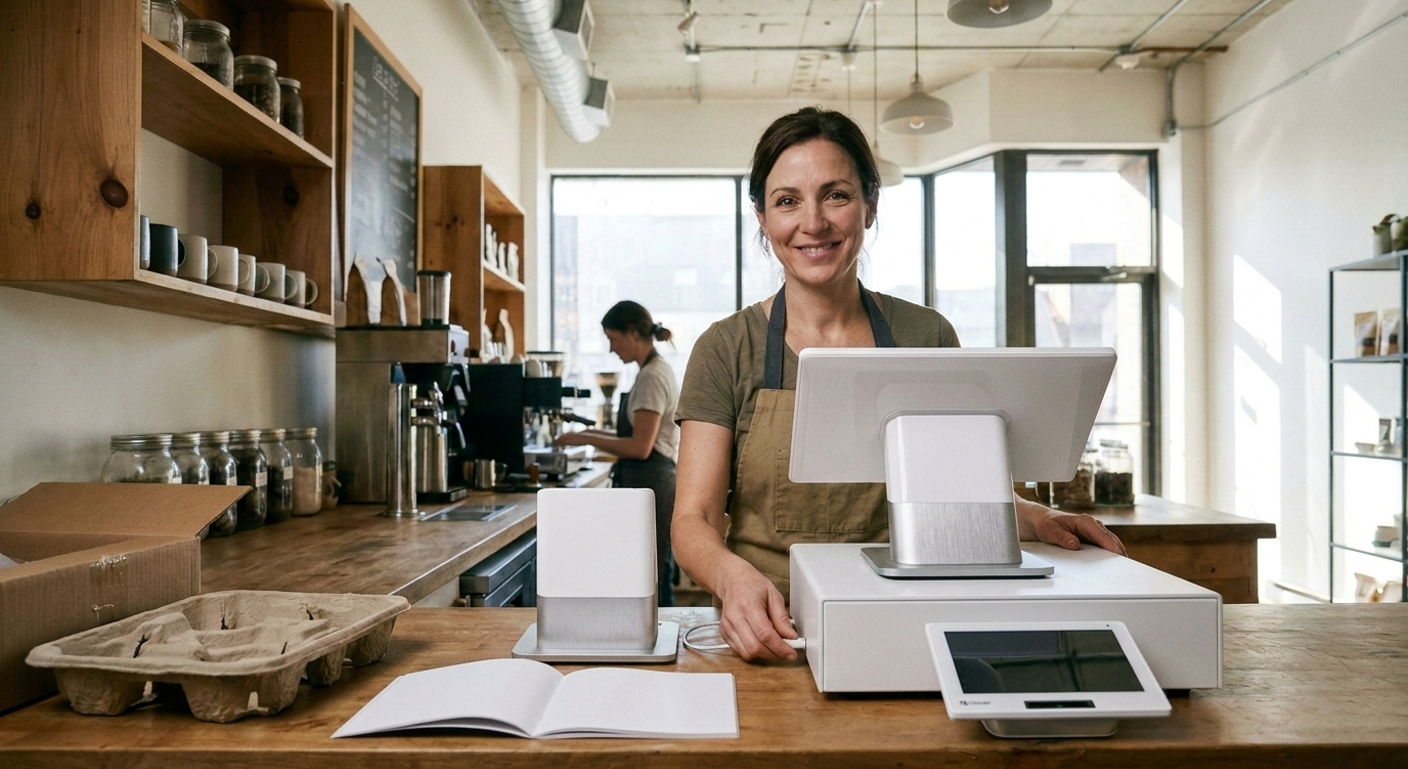 A shop owner unboxing and cabling a counter system, setup guide open beside it.
