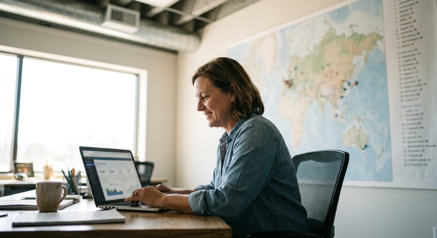 A manager reviewing results on her laptop.