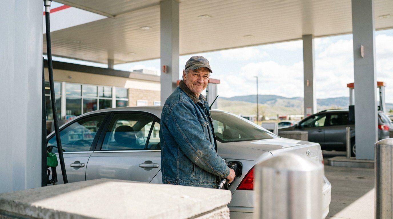 A driver refuelling his car at a service-station forecourt.