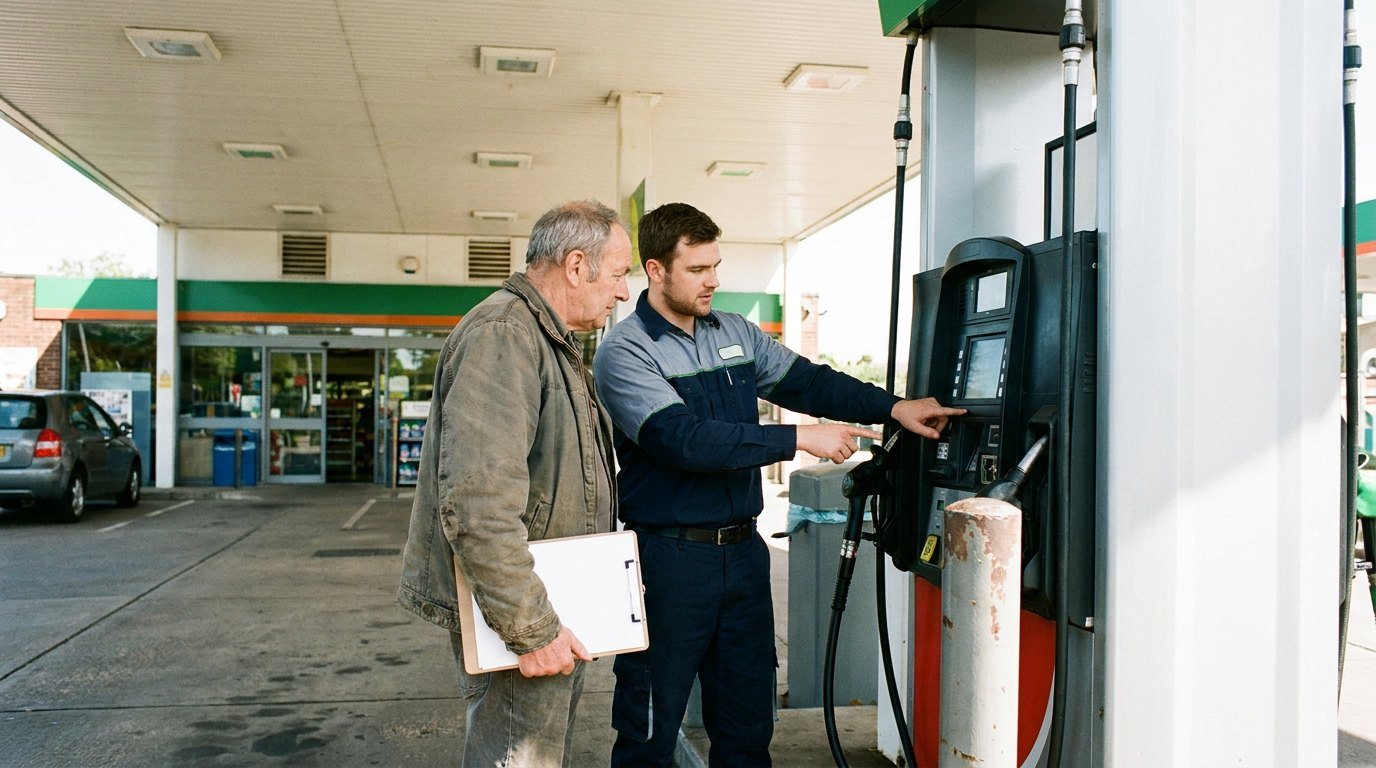 A station owner and a technician looking over the card reader already built into a fuel dispenser.