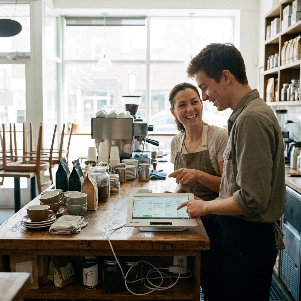 An owner talking a team member through a Clover Mini at the counter before opening.