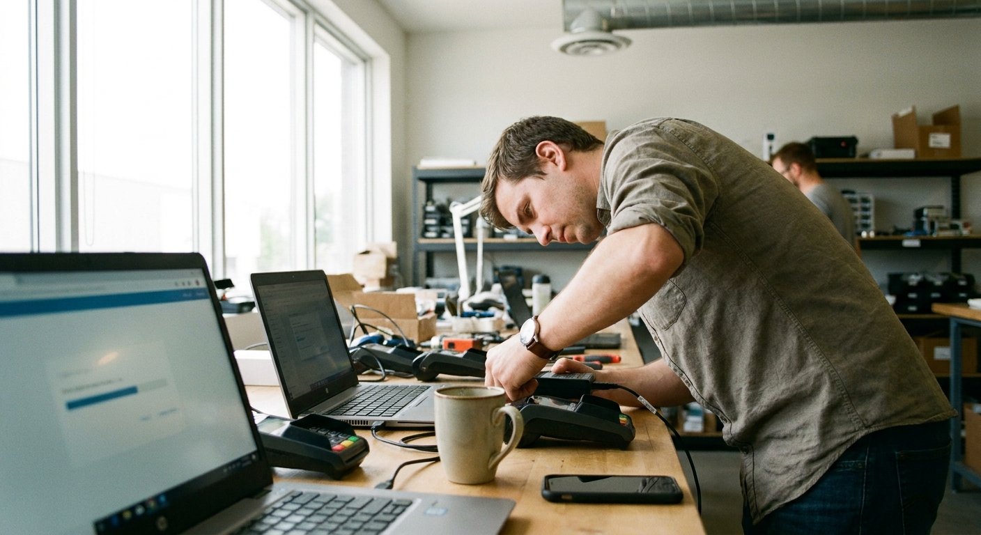 A technician configuring payment terminals at a service bench.