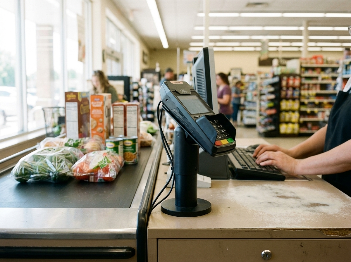 A PIN pad on a swivel stand turned toward the shopper at a supermarket checkout lane.