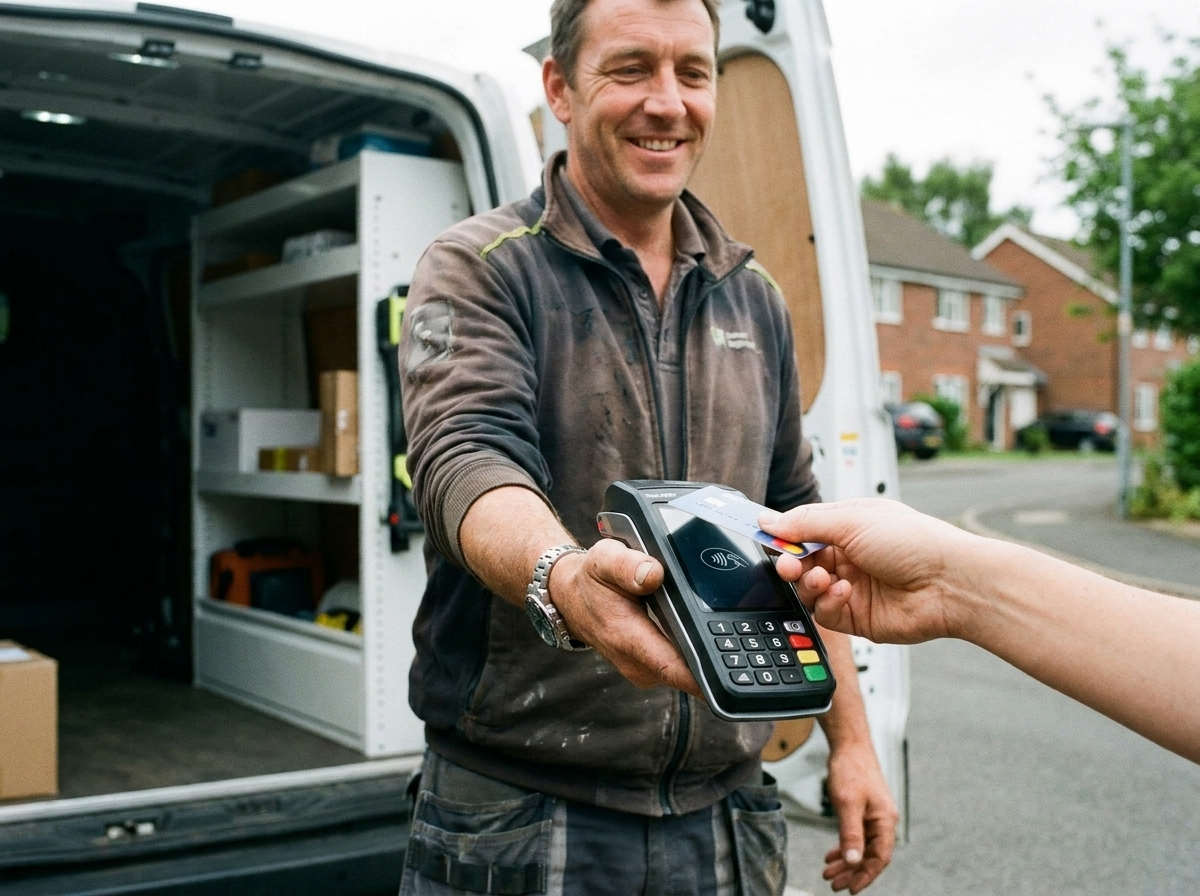 A driver holding out a portable terminal at the door of a van for a customer to tap.