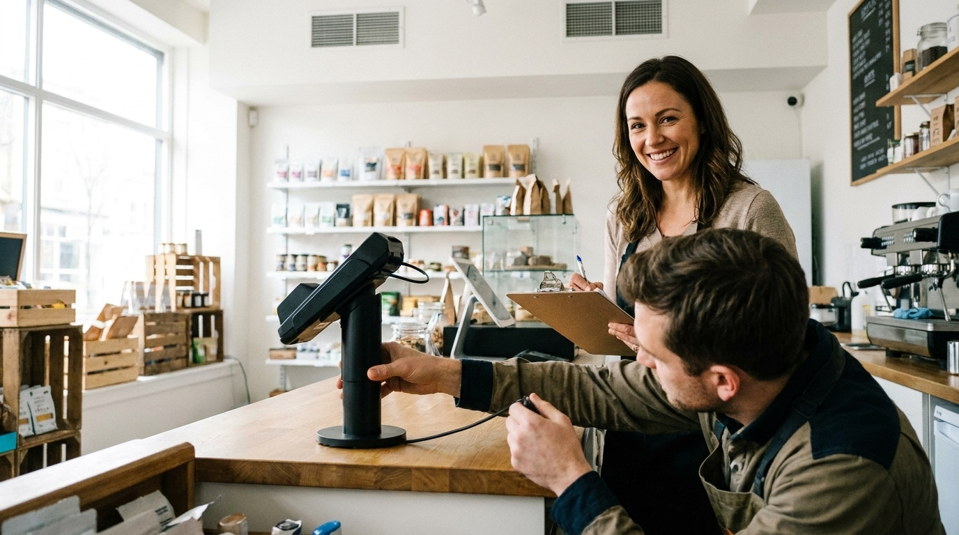 A technician fitting a PIN pad stand at a checkout counter while the owner looks on.