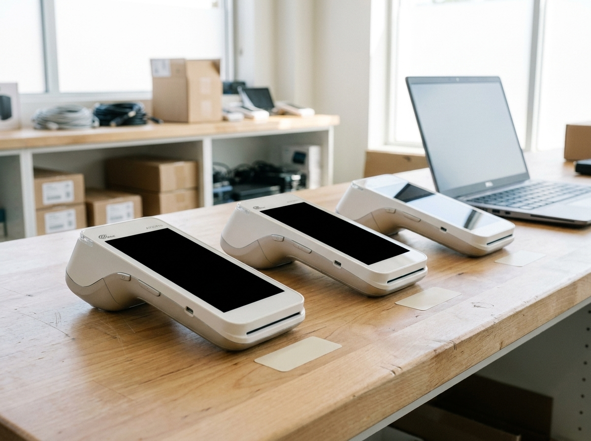 Three identical countertop terminals lined up on a configuration bench.