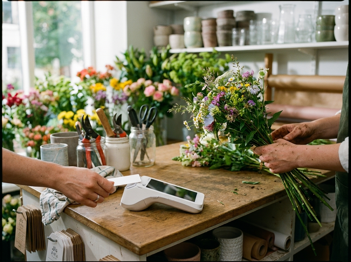 A customer inserting a card at a countertop terminal on a florist's bench.