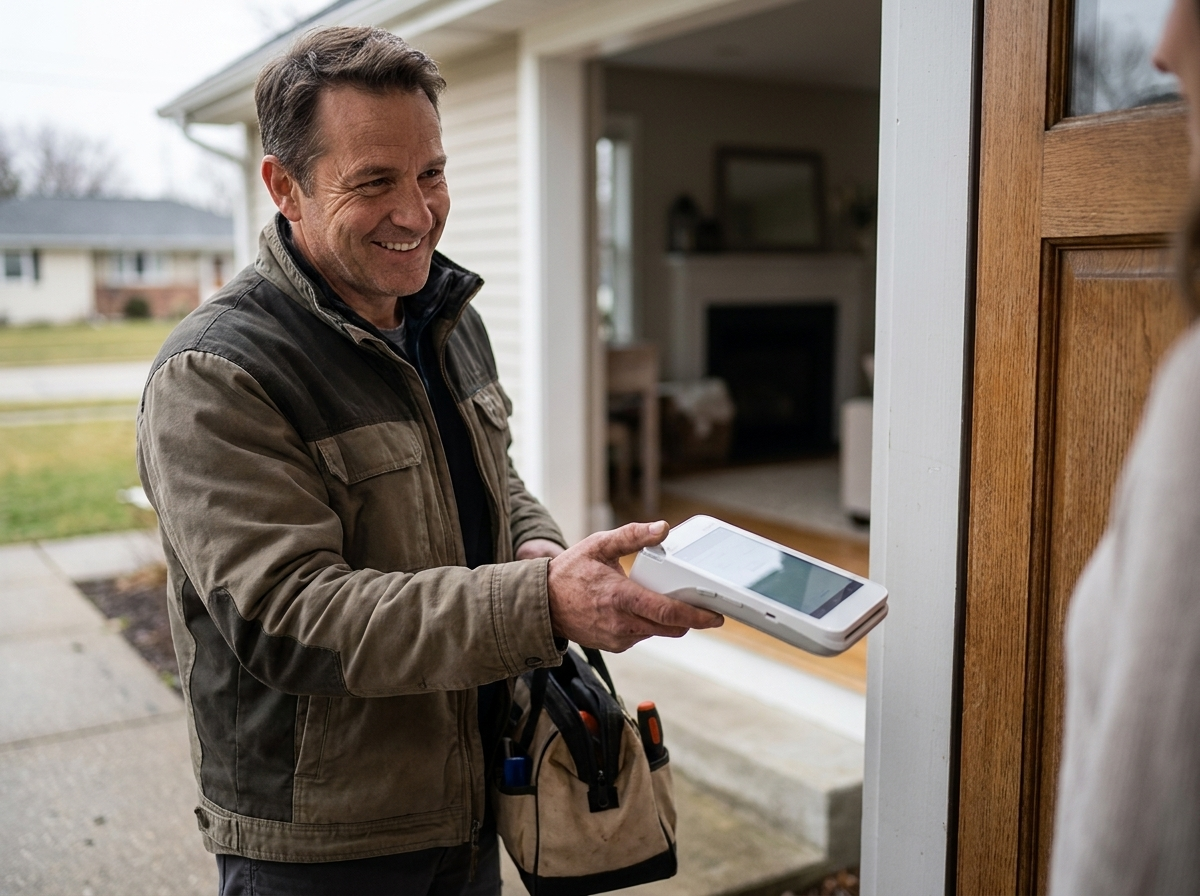 A field technician holding out a payment terminal at a customer's doorway.