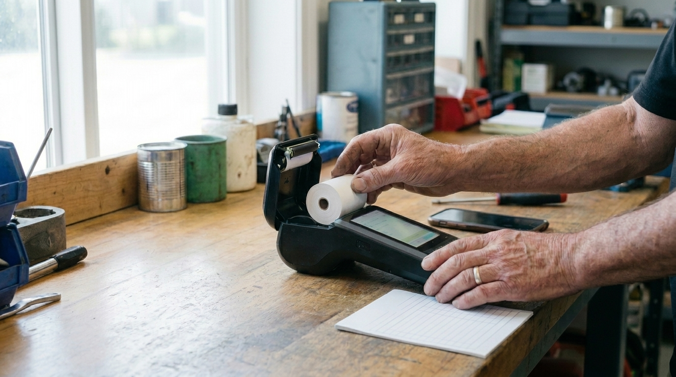 Hands fitting a fresh paper roll into a countertop terminal on a service bench.