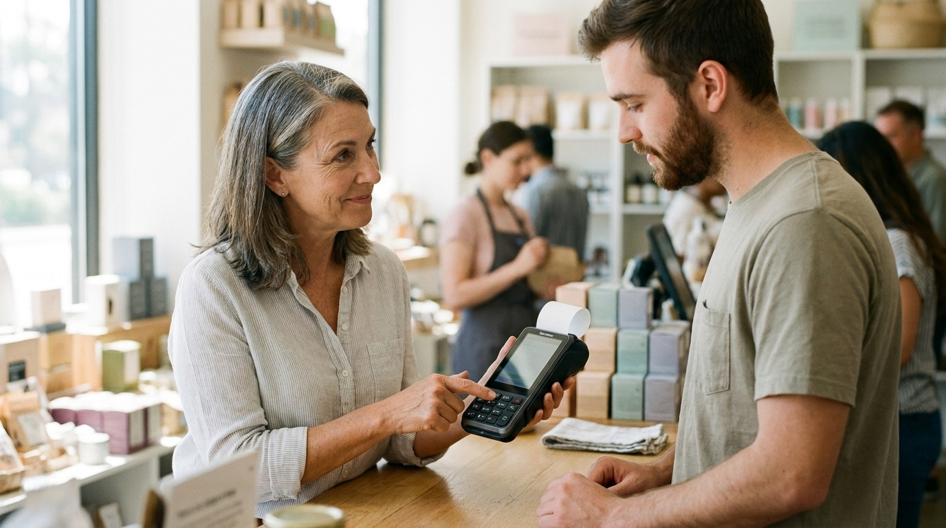 A manager showing a new member of staff a step on a portable terminal at the counter.