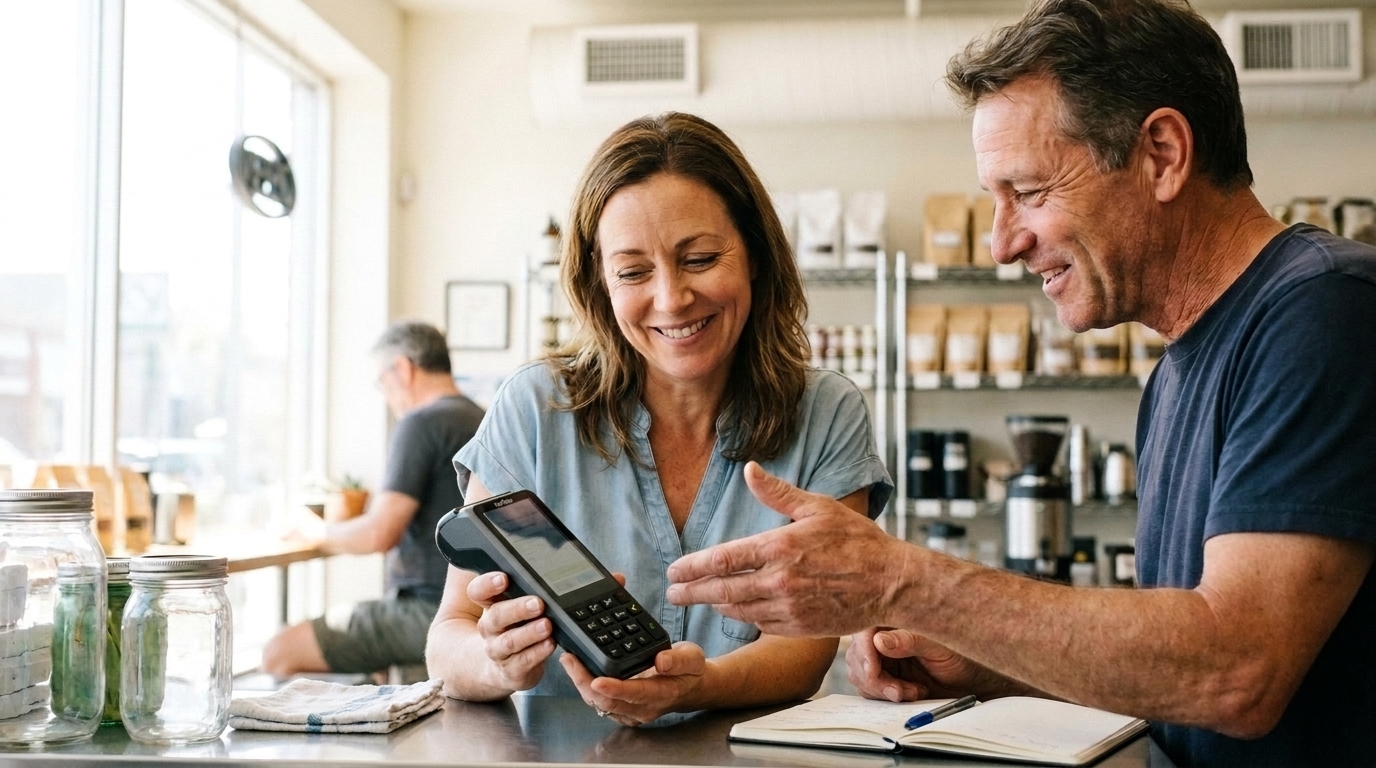 A specialist and a shop owner looking over the shop's existing payment terminal at the counter.