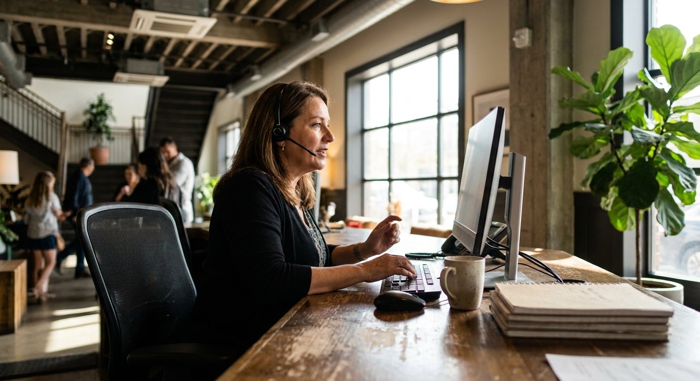 A headset agent taking a payment at a computer.