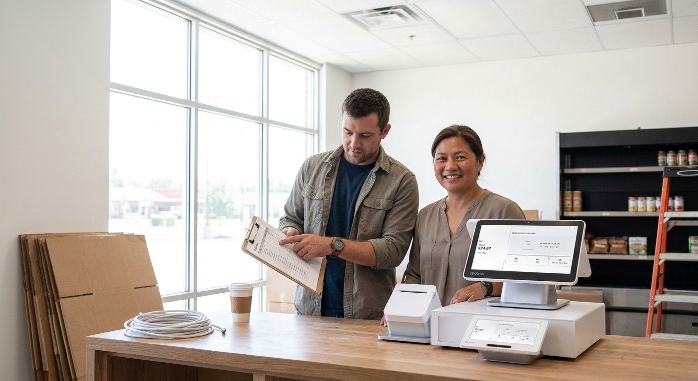 Two managers at a counter agreeing the standard setup, a Clover Station Duo in front of them.