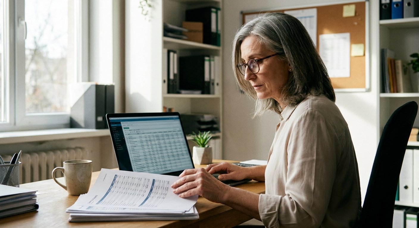 An operator working through printed reports beside a laptop.