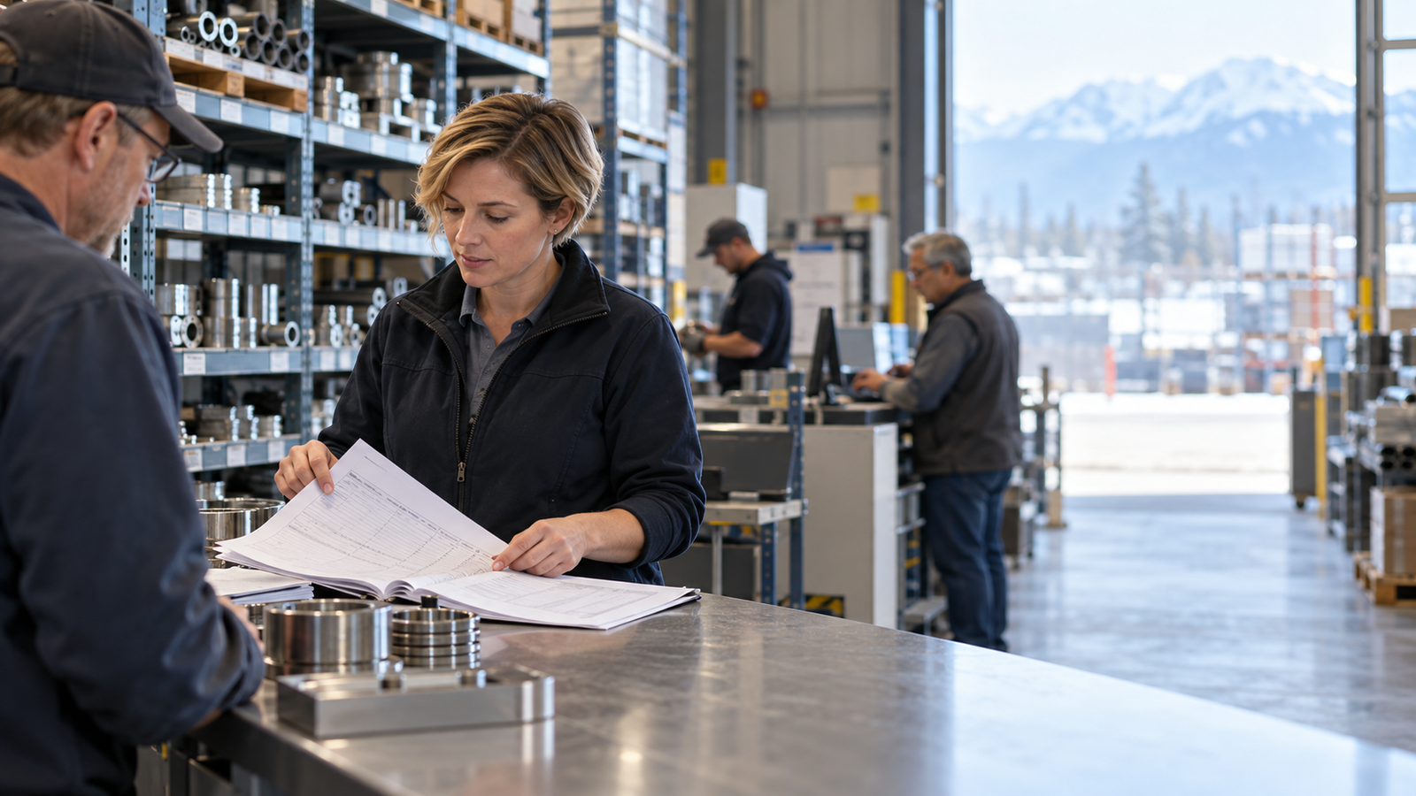 A sales rep at an industrial supplier reviewing a detailed purchase order.