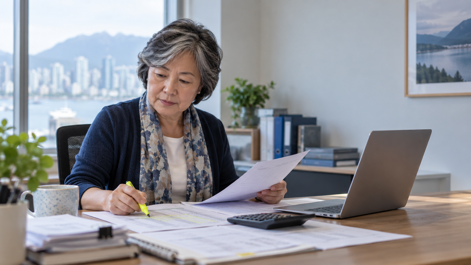 A bookkeeper matching bank deposits against printed statements and a laptop.