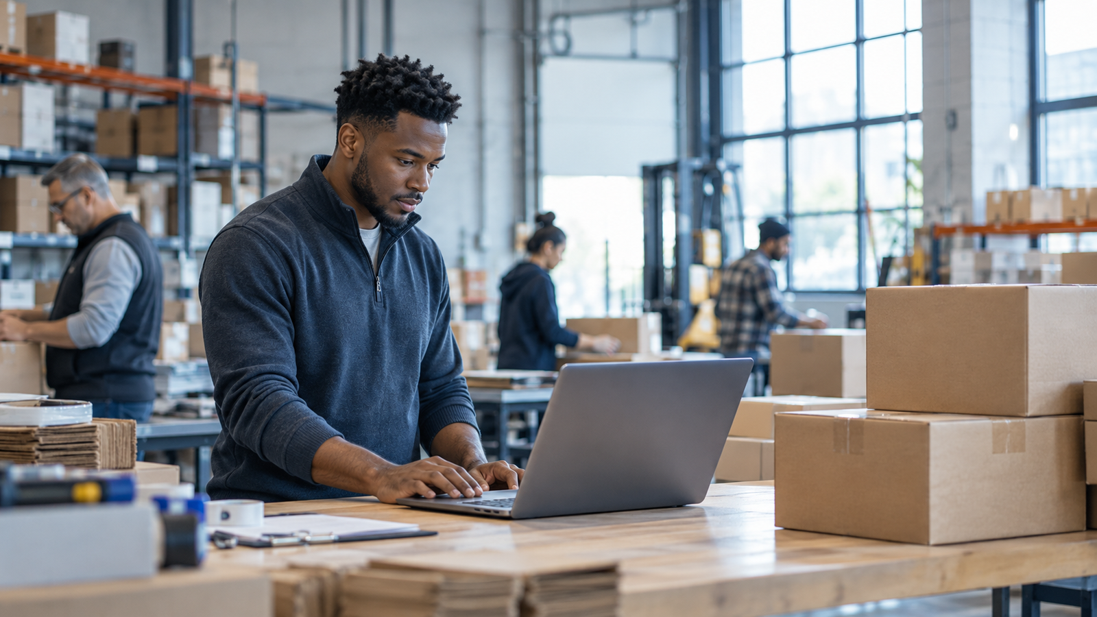 An operations manager checking an online order on a laptop beside shipping boxes.